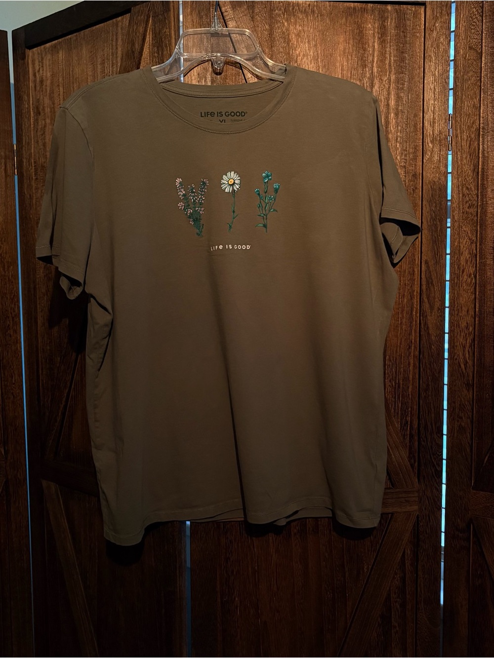 Life Is Good Olive Green Tee with Small Floral Chest Design;XL